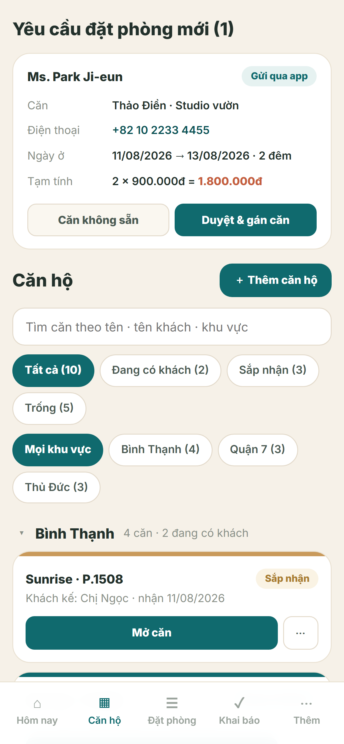 Màn của chủ nhà: yêu cầu đặt phòng và danh sách căn hộ